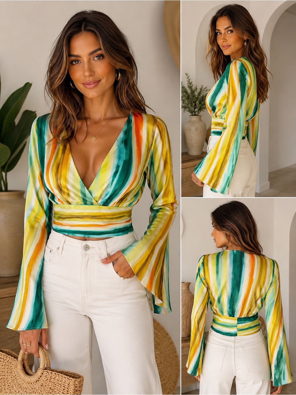Zara Satin Watercolour Stripe Bell Sleeve Crop Top M BNWT